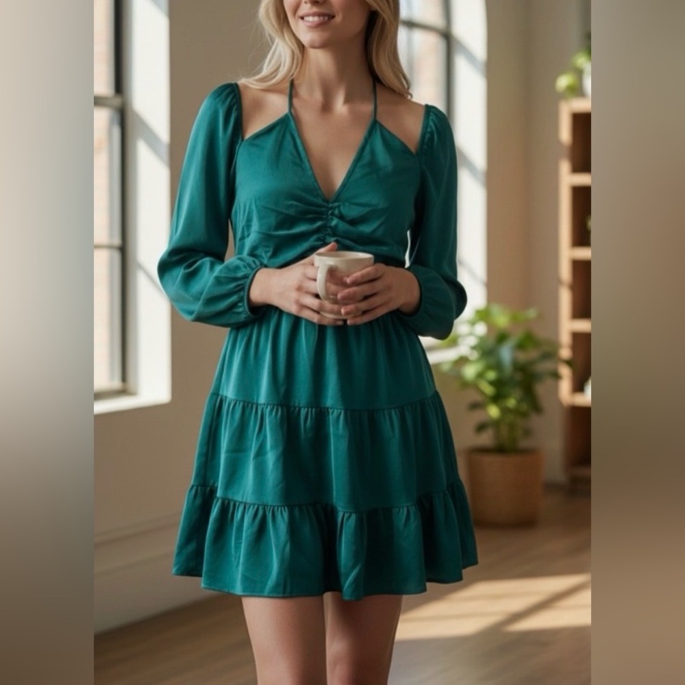 NWT Greylin X Anthropologie Emerald Green Halter Neck Puff Sleeve Mini Dress